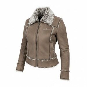 Azzure Women's Taupe Faux Suede Fur Trim Moto Jacket Size S